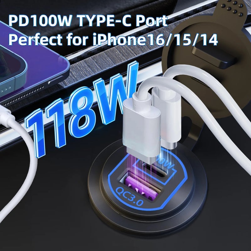 Bluejw 100W Dual USB Car Charger, Fast Charging Type C QC5.0 PD, Waterproof 12-24V PC Material Socket for Automobile, Marine, Boat - Image 5
